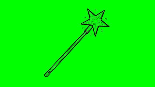 Hand drawn magic wand with star in black fill style on green screen chroma key. Shaking animation ideal for magic spells, fantasy projects and transitions with transparent background capability