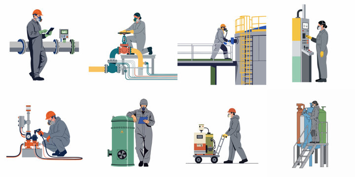Set of industrial workers in protective suits and masks performing various technical tasks like maintenance, operation, and monitoring at a factory or refinery.