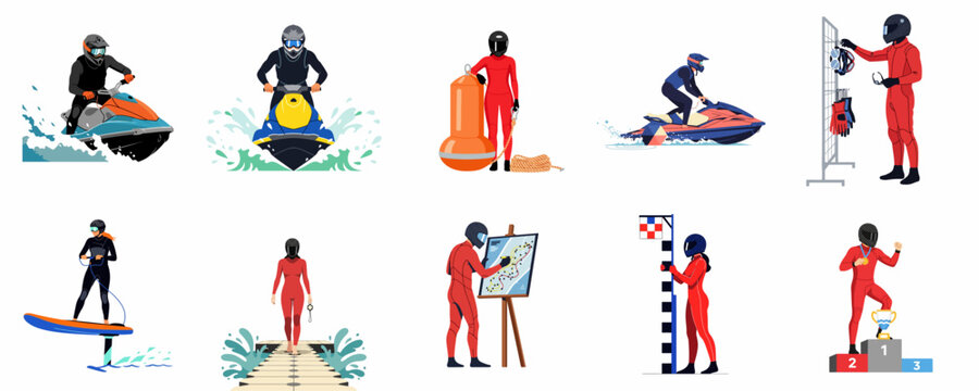 Collection of professional water sports illustrations featuring jet ski racing, hydrofoil riding, athlete preparations, and victory on a podium, isolated on white.