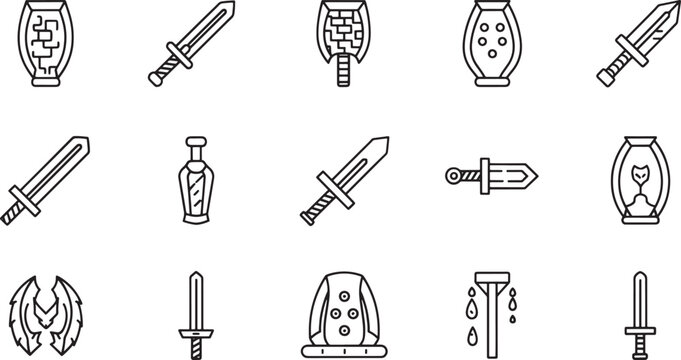 Medieval fantasy swords, shields, and potions