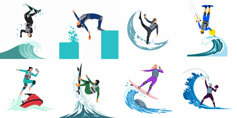 Flat Illustration Collection of People Engaged in Various Extreme Water Sports and Activities on Ocean Waves © Muqodimatul