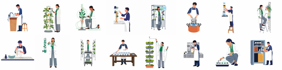 Fototapeta premium Set of flat illustrations featuring scientists in a hydroponic laboratory and restaurant staff performing various kitchen tasks and chores.