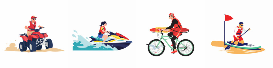 Set of lifeguard characters using different transportation methods like ATV, jet ski, bicycle, and paddleboard for beach safety and rescue operations. © Muqodimatul