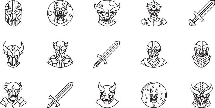 Line of fantasy creature heads, helmets, and swords