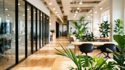 Obraz premium Luxurious modern office interior featuring warm wooden floors, lush green plants, and bright glass walls in sunlight. Perfect eco-friendly workplace concept for sustainable businesses
