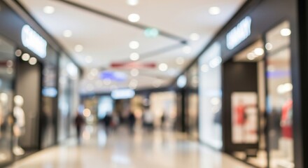 Fototapeta premium Abstract blurred shopping mall interior with storefronts and out of focus shoppers. Generic retail background for commercial marketing, fashion, and consumer behavior concepts