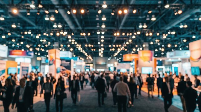 Crowded exhibition hall background with abstract bokeh lights and unrecognizable people at a trade show. Perfect conference center interior for business event and networking promotions