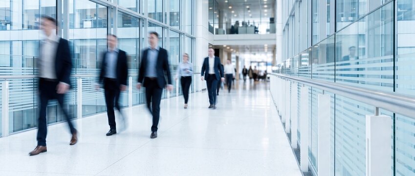 Motion blurred business people walking in bright modern office corridor for corporate company career and success concept, professionals moving in hallway, busy workplace, team, growth