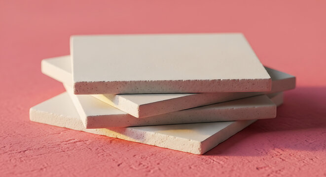 Stack of white drywall squares with textured edges on a pink rough surface, construction material, interior finishing details