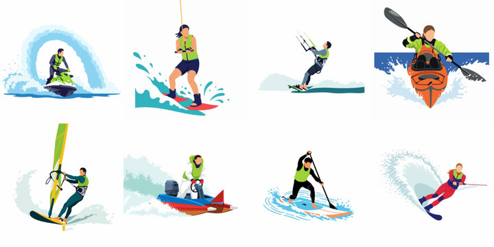 Collection of vector illustrations featuring various water sports activities including jet ski, wakeboard, kite surf, kayak, windsurf, motorboat, paddleboard, and water ski.
