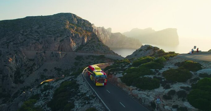 Bus Driving Winding Mountain Road Cap Formentor Sunset Mallorca