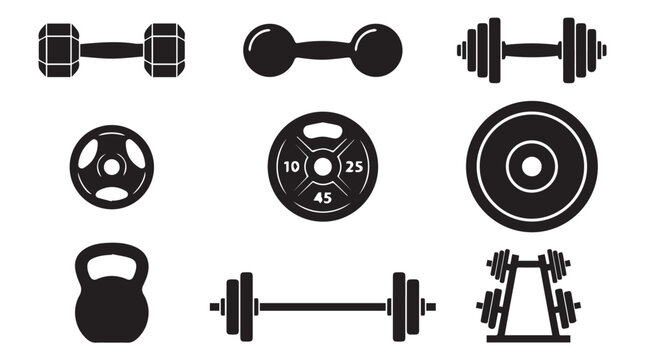 Black icons of gym weights equipment.