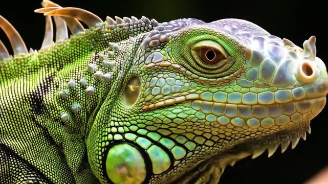 A closeup of a green iguanas head focusing on its detailed scales eye and spiky crest against a dark background