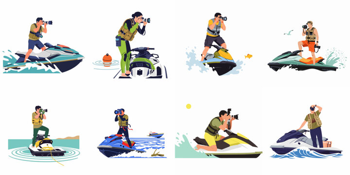 Flat vector illustrations of professional photographers taking pictures from jet skis, capturing action on the water in various dynamic poses.