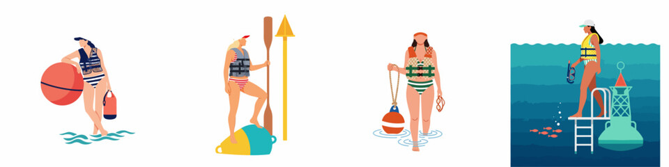 Flat vector illustrations of women in swimsuits and life vests with maritime buoys and water sports equipment. © Muqodimatul