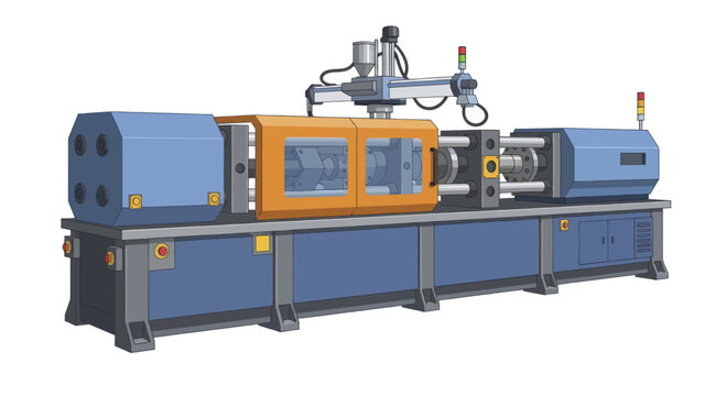 Industrial plastic injection molding machine with robotic arm for manufacturing.