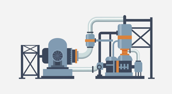 Industrial Pumping Station Equipment with Pipes and Structures.
