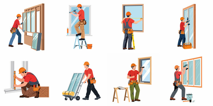 Professional construction workers performing various window installation and repair tasks such as measuring, sealing, and fitting glass panes in home renovation projects.