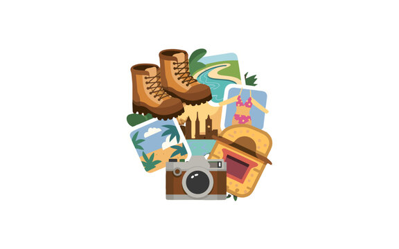 Collection of travel-related items, including shoes, photographs, and camera.