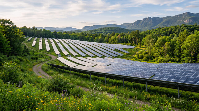 Aerial View of Solar Panel Farm Surrounded by Lush Green Forest