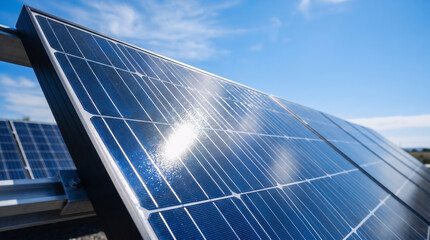 Obraz premium Close-Up of Photovoltaic Solar Panel Surface Reflecting Blue Sky