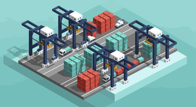 Isometric Container Terminal with Gantry Cranes and Cargo.
