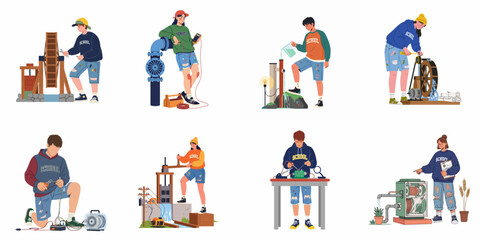 Fototapeta premium Collection of student illustrations performing various engineering experiments, focusing on renewable energy, mechanics, and electronics for STEM education.
