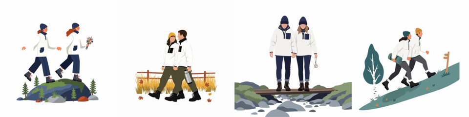 Set of four minimalist illustrations showing couples hiking, walking, and exploring the great outdoors together in beautiful natural settings. © Muqodimatul