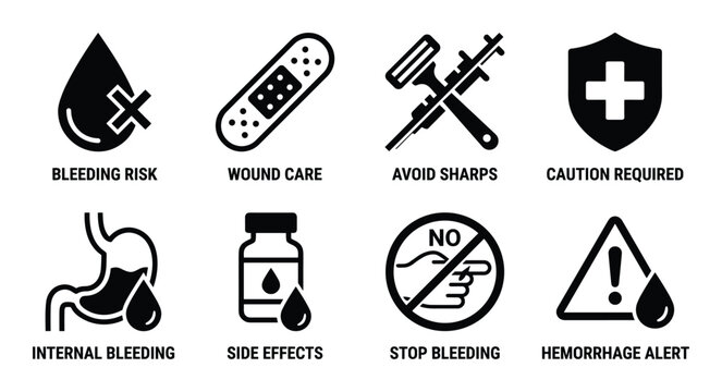 Medical alert icons for potential health risks including bleeding, wounds, sharps, and internal issues.