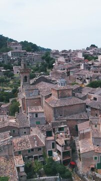 Valldemossa Mallorca Traditional Village and Church Aerial Drone View