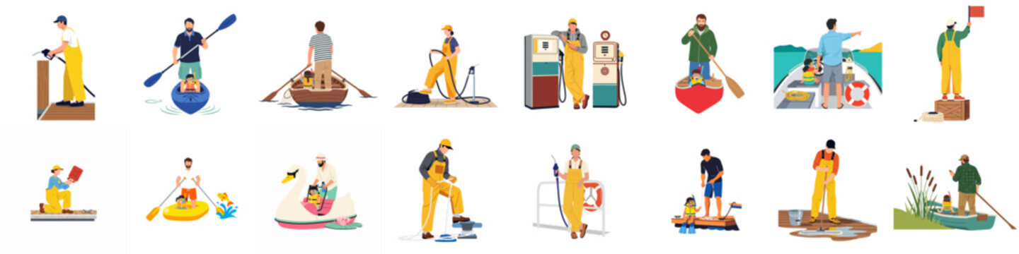 Collection of flat vector illustrations featuring people engaged in various boating, fueling, and water-related activities at a dock or on the water.