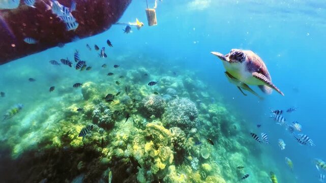 Green sea turtle swimming in coral reef among tropical fish, enjoying the clear blue water during snorkeling excursion in a natural sanctuary in Philippines, Turtle Sanctuary in Port Barton, Palawan