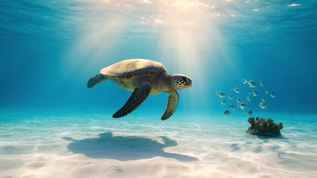 Sea turtle and fish school gliding through underwater sunlight beams