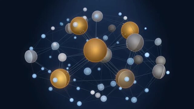 Corporate data network with gold and blue nodes pulsing in space