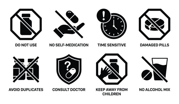Medical symbols icons for do not use no self medication time sensitive damaged pills avoid duplicates.