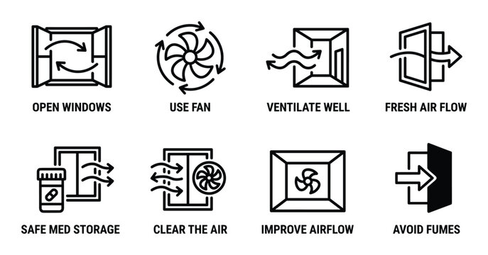 Open windows use fan ventilate well fresh air flow safe med storage clear air improve airflow avoid fumes icons.