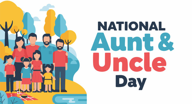 Happy family with aunt and uncle in colorful flat illustration for greeting card