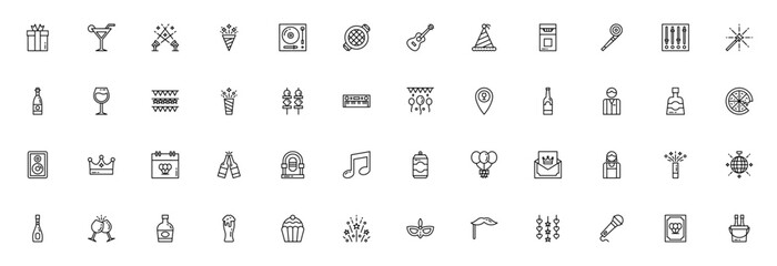 Obraz premium Party icon set. Vector illustration pack with gift, cocktail, spotlight, confetti, music, grill, decorations and more. Editable line icons for celebrations and events.