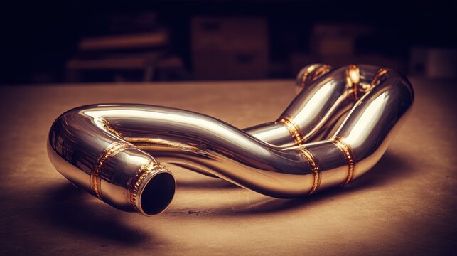 Polished stainless steel exhaust manifold for an automotive engine, showcasing intricate welding and metallic shine