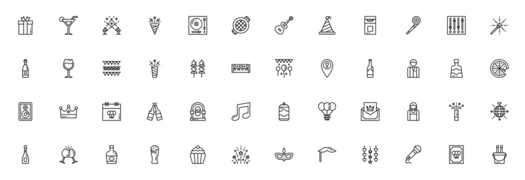 Party icon set. Vector illustration pack with gift, cocktail, spotlight, confetti, music, grill, decorations and more. Editable line icons for celebrations and events.