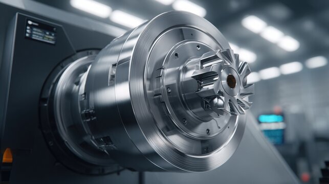 Precision engineering lathe shaping intricate metal components with detailed craftsmanship in an industrial setting.