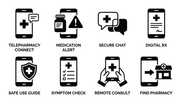 Telepharmacy connect medication alert secure chat digital rx safe use guide symptom check remote consult find pharmacy.