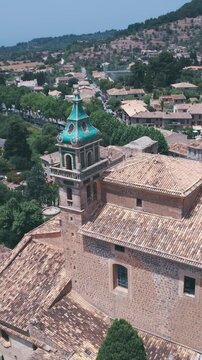 Aerial Drone View Valldemossa Church Tower Mallorca Spain