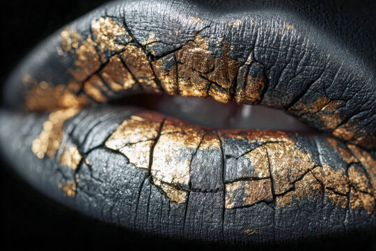 Artistic black and gold cracked paint on lips showcasing textured metallic makeup detail for creative beauty and fashion concepts