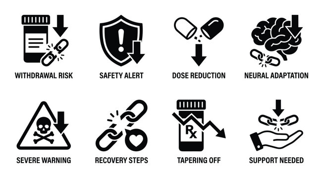 Withdrawal risk safety alert dose reduction neural adaptation severe warning recovery steps tapering off support needed icons.