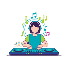 Fototapeta premium A female DJ wearing headphones performing at a turntable mixer with vibrant musical notes and equalizer bars. Colorful vector illustration of a girl music producer in a flat line art style.