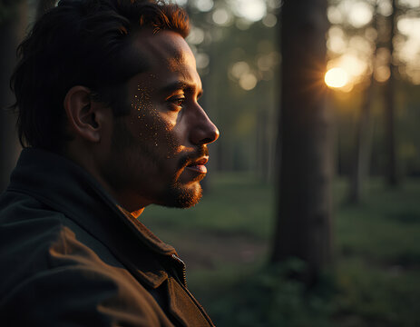 Man with golden specks on face looking at sunset in forest