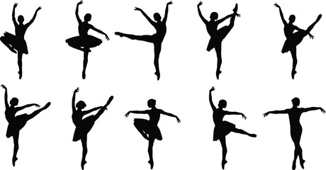 Ballet dancer silhouettes with dynamic poses and elegant movements, classical dance performance collection isolated on white background for artistic design use © mokbul
