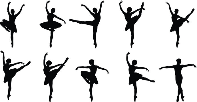 Ballet dancer silhouettes with dynamic poses and elegant movements, classical dance performance collection isolated on white background for artistic design use