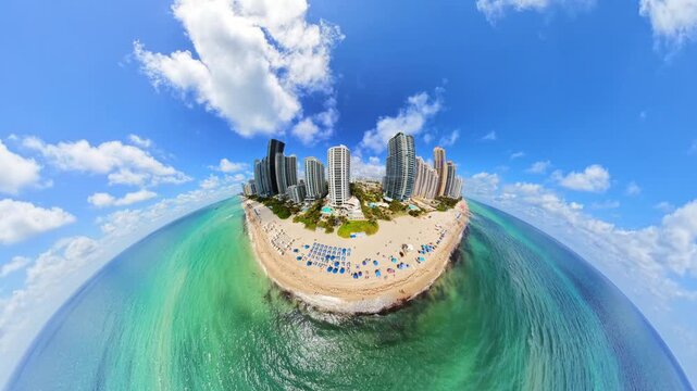 Top of a tiny planet. Aerial drone video Miami Beach